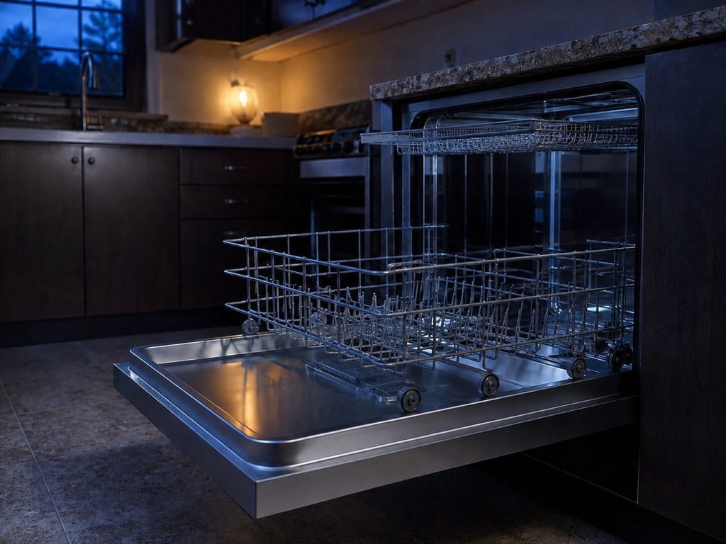 "A dishwasher door open to horizontal in a dark kitchen with the lower rack rolled halfway out" — a plain stainless door in a dark run, not the panel-ready integrated front every premium sister's library shows