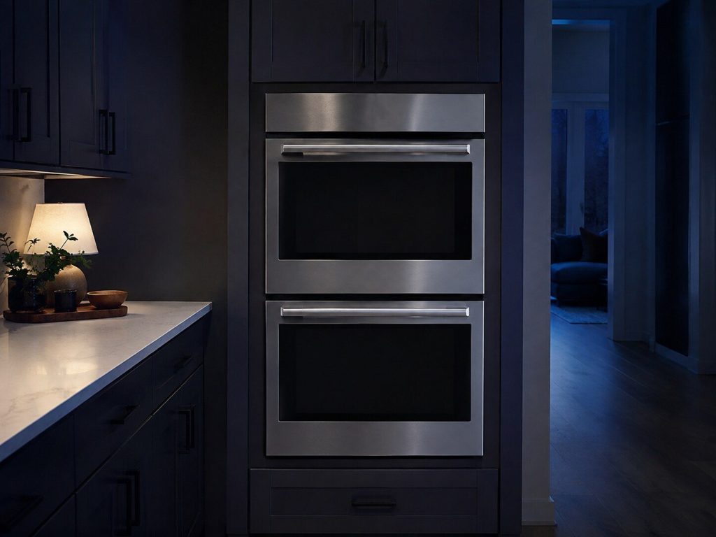 "A double wall oven built into a tall cabinet run, both doors closed, seen straight on ... in a dark kitchen" — this page is single and double wall ovens, and the double is the one that reads at a glance