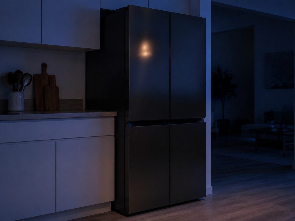 "A tall four-door French door refrigerator standing flush at the end of a run of flat slab-front kitchen cabinets" — freestanding rather than an integrated column, and the French door cabinet is the branch this make publishes most on