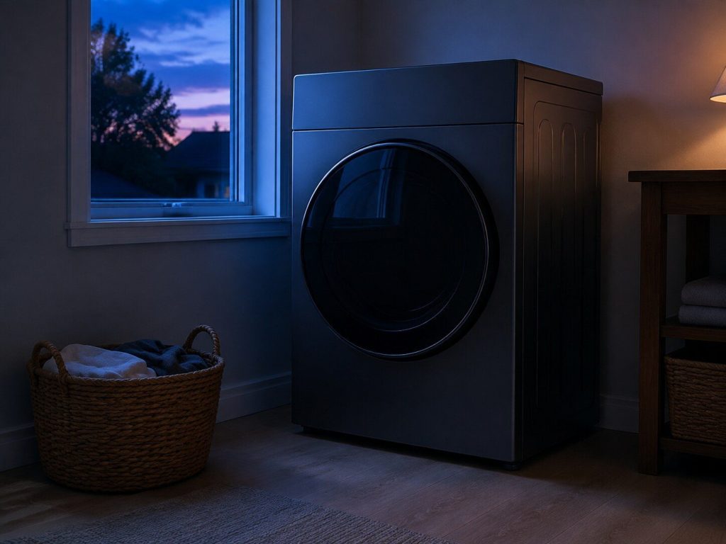 "A front-load dryer standing beside a small laundry-room window at dusk ... the deep blue light from the window falling across its flat front" — a dusk frame, which is what cobalt wants