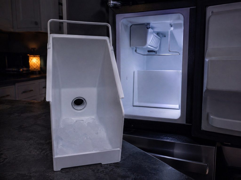 "A deep narrow white plastic ice storage bin ... lifted out and standing on a dark kitchen counter, with the empty ice compartment" — this make's ice maker lives inside the refrigerator, so the bin is the honest subject and not an undercounter bar machine