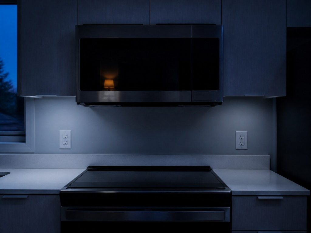 "An over-the-range microwave mounted above a cooktop in a contemporary kitchen at night" — the over-the-range is 135 of this make's microwave pages and the one that is part of the kitchen