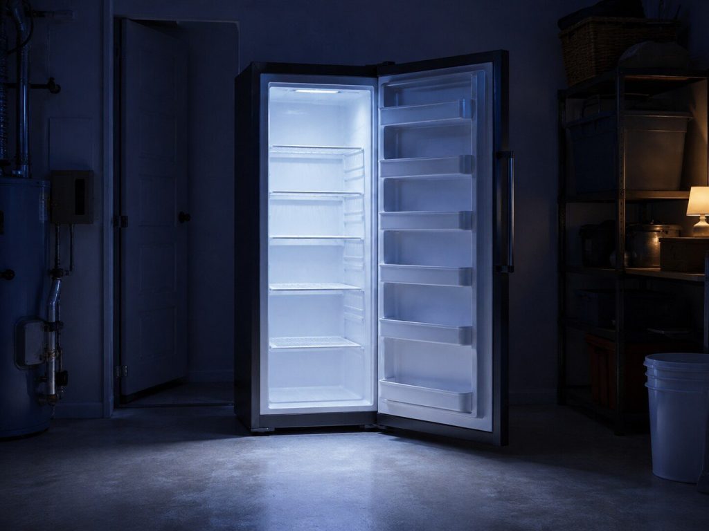 "A tall single-door upright freezer standing against the wall of a utility room with its door open" — the standalone upright, which is what this make's freezer branch actually is