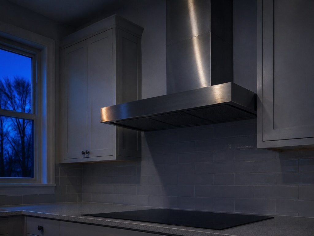 "A wall-mounted stainless chimney hood above an empty cooktop, photographed from below and slightly to the side" — wall-mount is the first line of this page's own caption