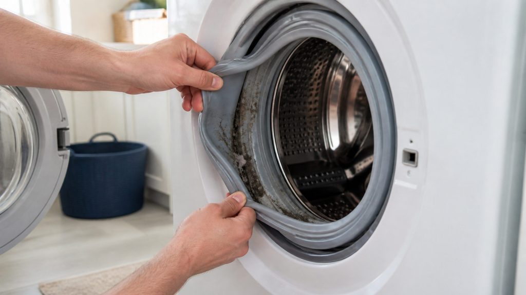 "Two hands turning out the rubber door boot seal of a front-load washing machine, showing the fold inside with grit and dark residue in it" — the fold is where the smell lives, and the frame is two hands and a gasket rather than a room