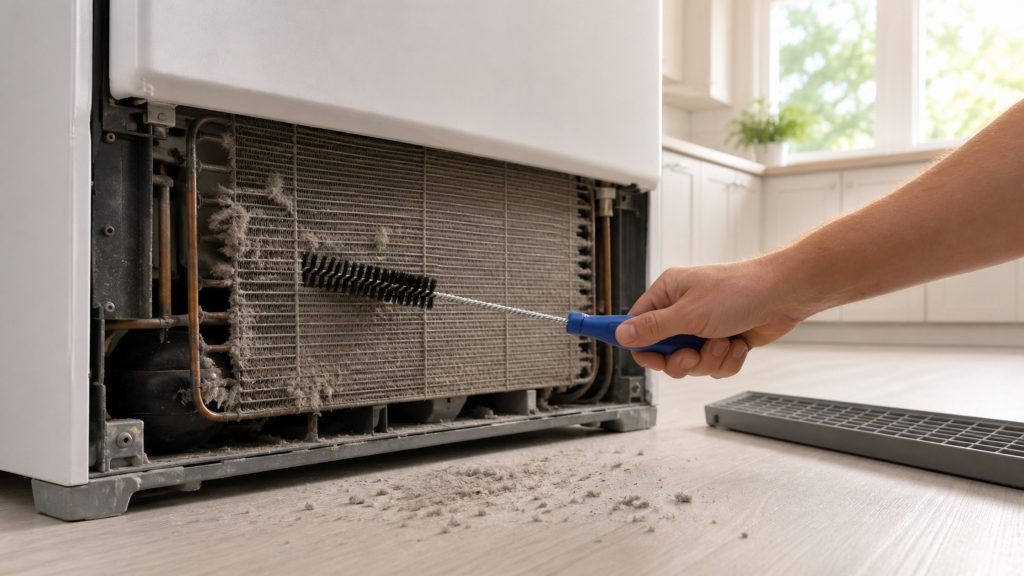 "A coil brush being drawn between the fins of a dusty condenser coil behind a removed refrigerator base grille, grey dust visible on the floor" — the base grille at the front is how this make's coil is reached, and the twenty minutes in the title is this brush. The frame is the dark gap behind the grille