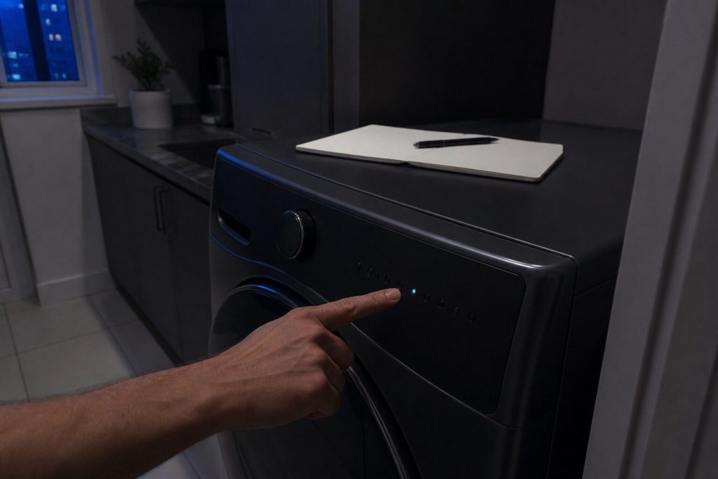 "A finger pointing at one small indicator lamp in a row on a laundry machine's control panel in a dark room, that lamp lit and the rest dark, a notebook and pen on the machine's top" — reading the machine's own report and writing it down, which is what this page teaches
