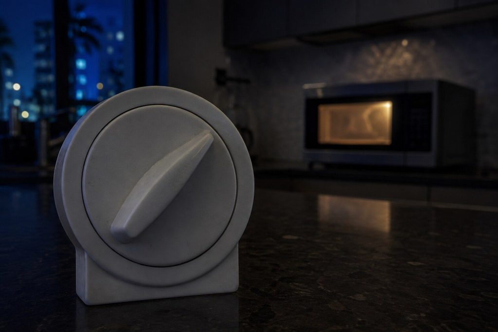 "A kitchen timer standing on a dark counter with its dial turned, an out-of-focus microwave running behind it, its cavity light the only glow in the room" — the timed cup of water is the test this page runs before any arithmetic