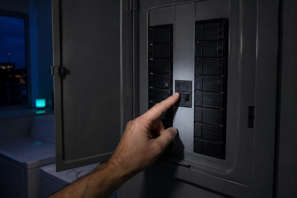 "A finger switching a double-width breaker in a domestic electrical panel with the cover door open" — an electric dryer tumbles on half a supply and heats on none, which is the first check and the cheapest