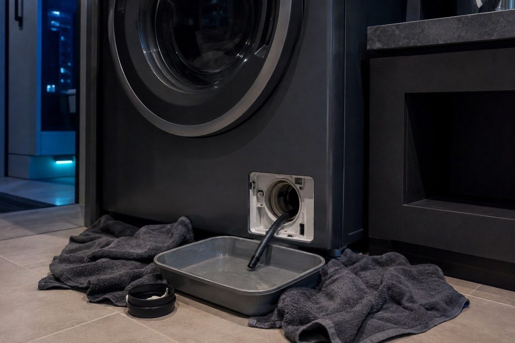 "A short drain tube pulled out beside a washing machine's pump filter with its cap off, running into a shallow tray on the floor, towels laid around it" — how a front loader is emptied before anything is opened