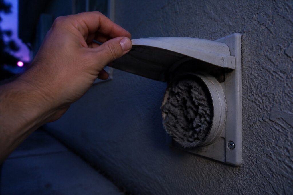 "A hand holding open the hinged flap of a dryer vent on an exterior house wall at dusk, packed grey lint visible in the duct behind it" — the page's argument is air rather than heat, and the duct is where the air stops