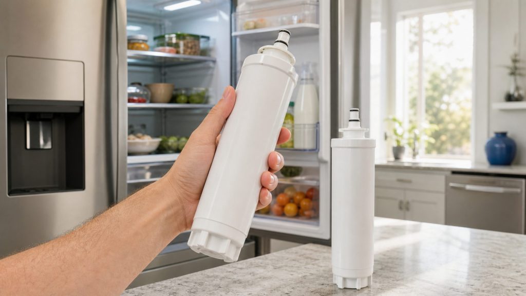 "A hand holding a cylindrical refrigerator water filter cartridge in front of an open refrigerator, the cartridge plain and unmarked, a new one on the counter beside" — the old cartridge and its replacement, which is what the six months in this page's title buys. One hand and a cartridge, not a room