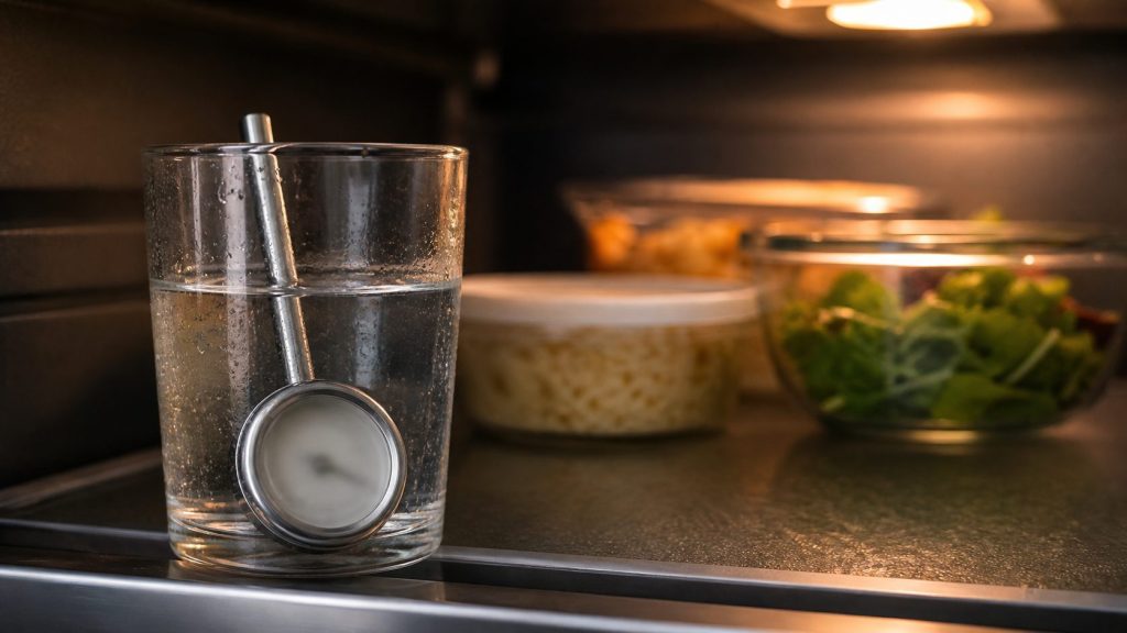 "A household thermometer on a shelf in a lit refrigerator — the symptom, not the machine" — the page's whole instruction is to measure because there is no code to read
