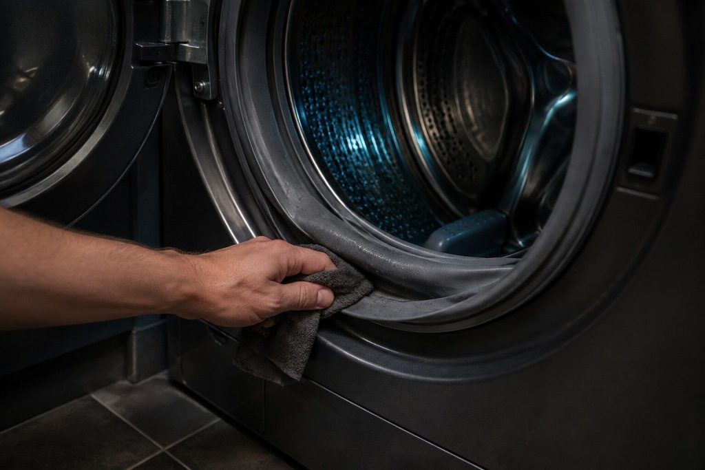 "The rubber boot gasket of a front-loading washing machine rolled back at the bottom of the door opening and a cloth wiping the fold underneath it" — the part of the cleaning that a tub-clean cycle does not reach