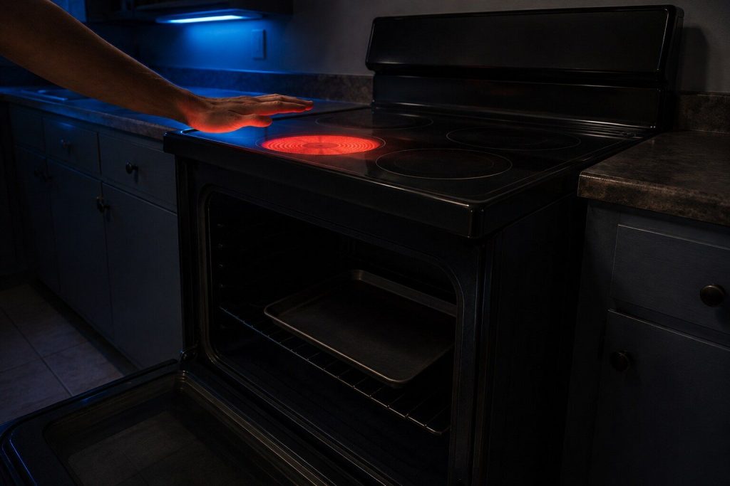 One frame carrying both states: a hand held palm down a little above a glowing radiant element on the smooth top of a freestanding electric range, while the oven door below it stands open on a cavity that is completely dark and unlit with a cold tray on the rack.
