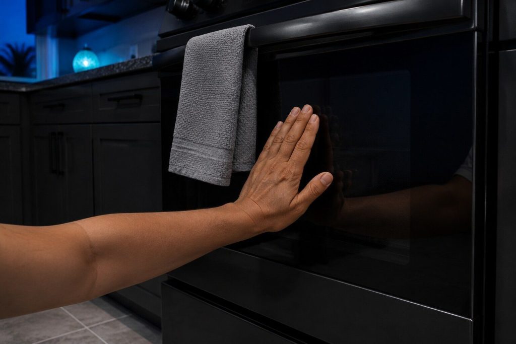 "The back of a hand laid flat against the glass of a closed oven door to test the temperature, the oven dark and unlit, a kitchen towel over the handle" — the lock releases on temperature, so the first test is the door's own heat