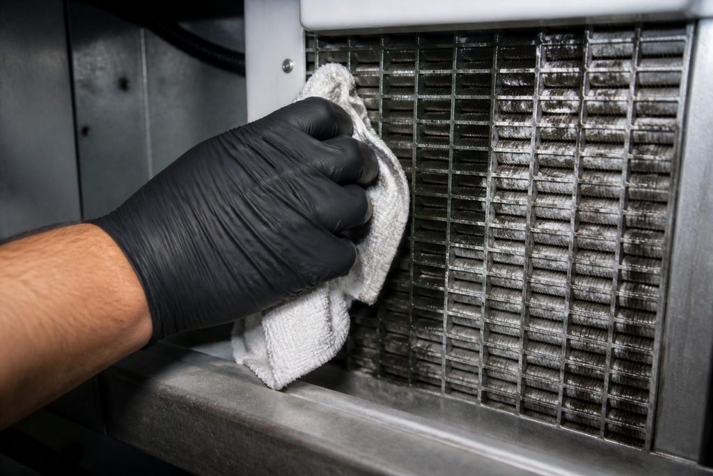 "An evaporator plate out of an ice machine — the object a descale is about" — a standalone ice machine's own sealed system, not the module inside a refrigerator
