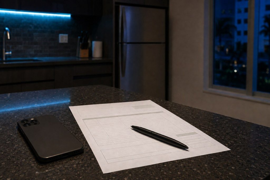"A printed service invoice lying on a dark quartz counter with a phone beside it face down and a pen across the page" — a job-by-job cost page, and the invoice is what the page is estimating