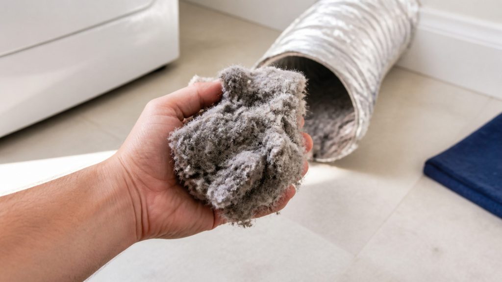 "A handful of thick grey dryer lint pulled from a duct, held over a pale laundry room floor, the disconnected duct visible behind" — a handful out of the DUCT, which is the part the title says the lint screen is not. A hand filling the frame rather than a room
