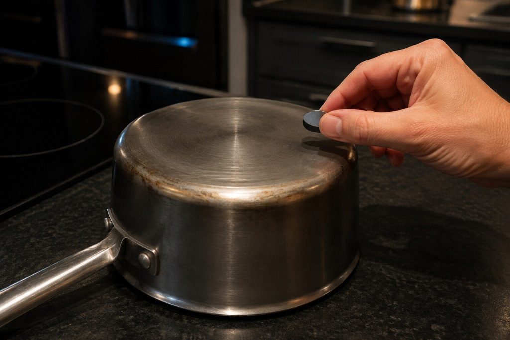 "A small magnet held against the base of a saucepan turned upside down on a dark counter beside an induction cooktop, the magnet not sticking" — the answer to this symptom, in one photograph