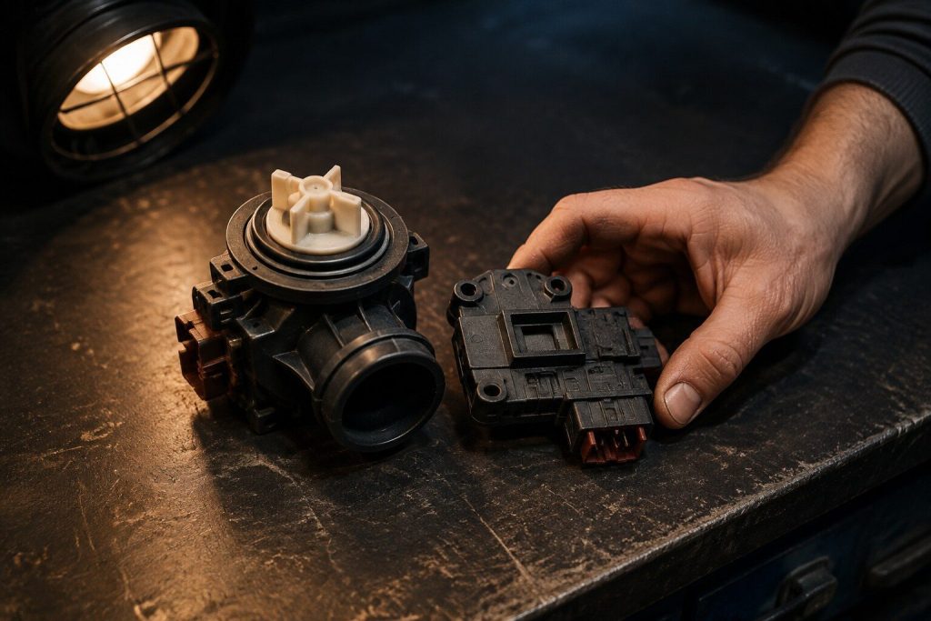 "A washer drain pump and a door interlock switch laid out side by side on a dark workbench under one lamp" — the two parts the repair-or-replace arithmetic on a volume brand actually turns on