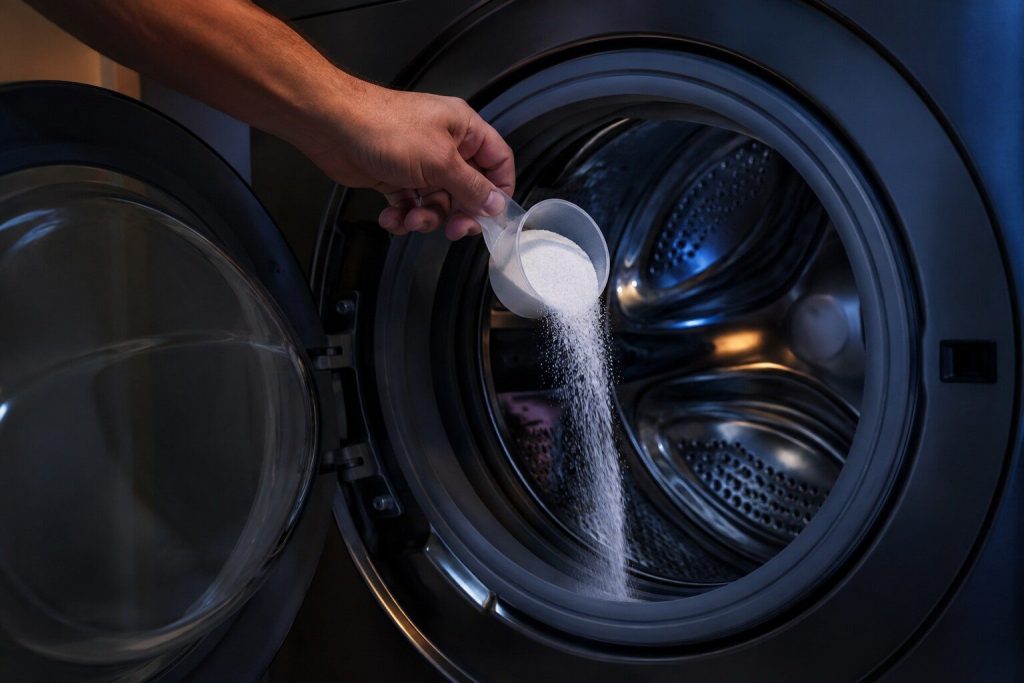 "A hand tipping white powder from a small scoop into the empty stainless drum of a front load washer through the open door" — the dose is the cause, and this repair usually ends without a part