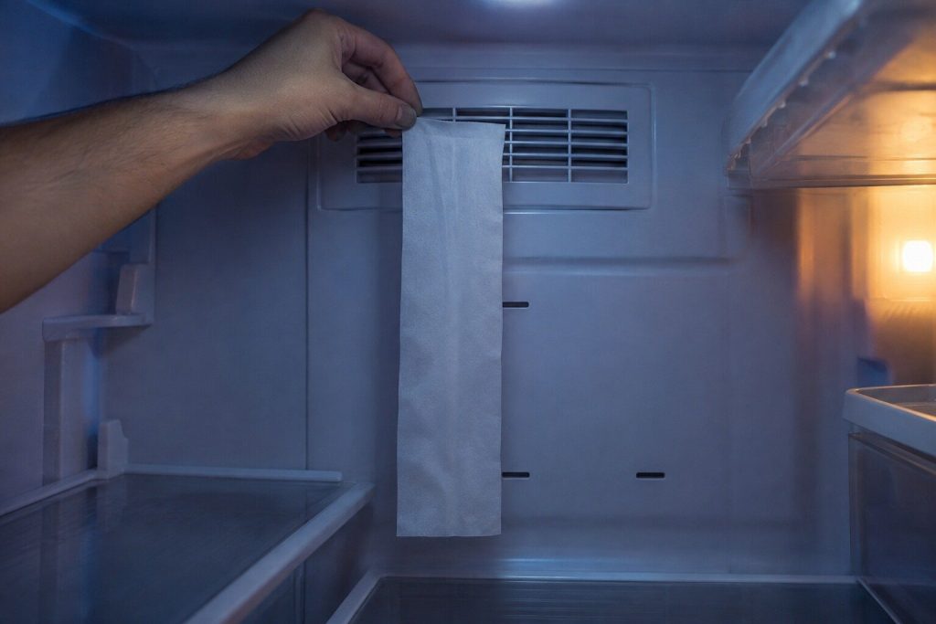 "A strip of tissue held up in front of the vent grille in the back wall of a refrigerator's fresh food compartment, hanging straight down and not lifting" — the cold comes through that vent, and this is what it looks like when it does not