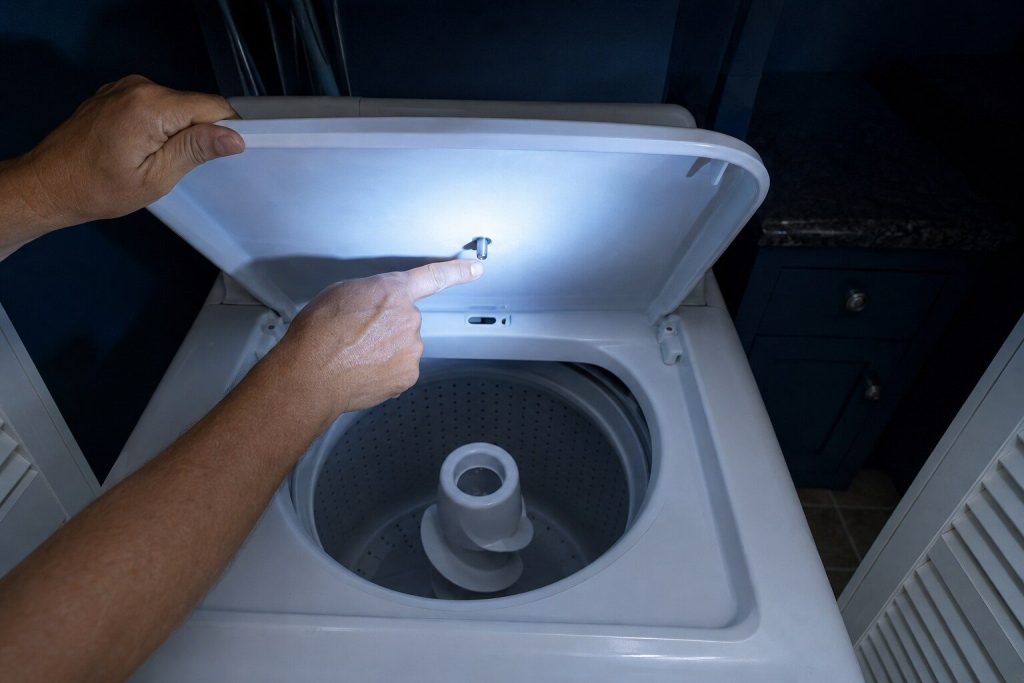 Two hands holding the raised lid of a white top-load washing machine steady while one finger points at the short metal striker pin on the underside of the lid and the lock slot in the rim waiting below it.