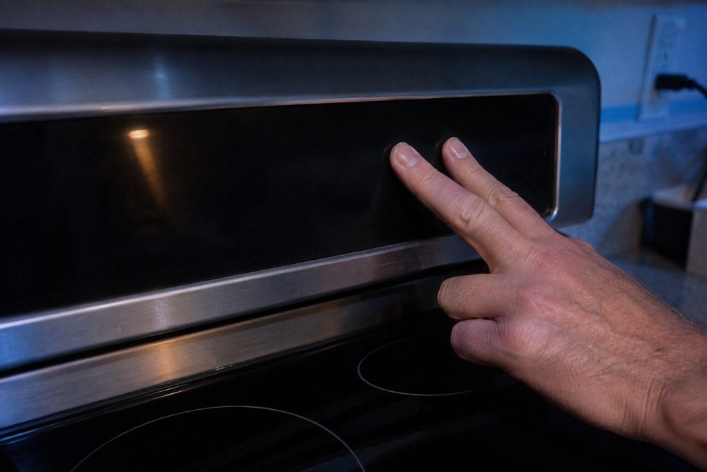 "Two fingers pressed and held on a pair of unmarked touch controls at the end of an oven's control strip, nothing lit under them" — control lock is held on two keys, and the page's point is that this is a feature