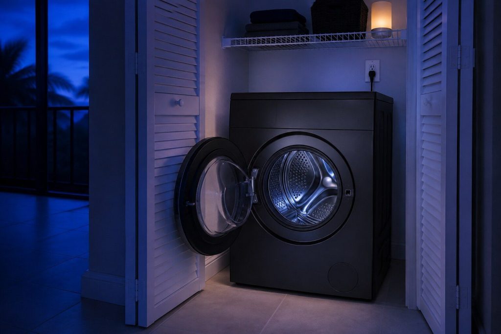 "A single brushed black front loading machine ... one cabinet that both washes and dries, no second machine above or beside it" — the one-drum machine, and the frame says so explicitly