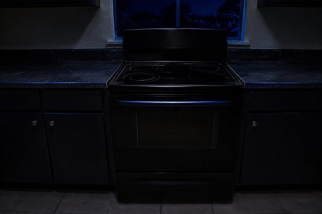 A black freestanding electric range with a smooth ceramic top standing between near-black slab cabinet doors, everything in the frame within a step or two of the same darkness, one cool highlight along the oven handle and another along the counter edge.