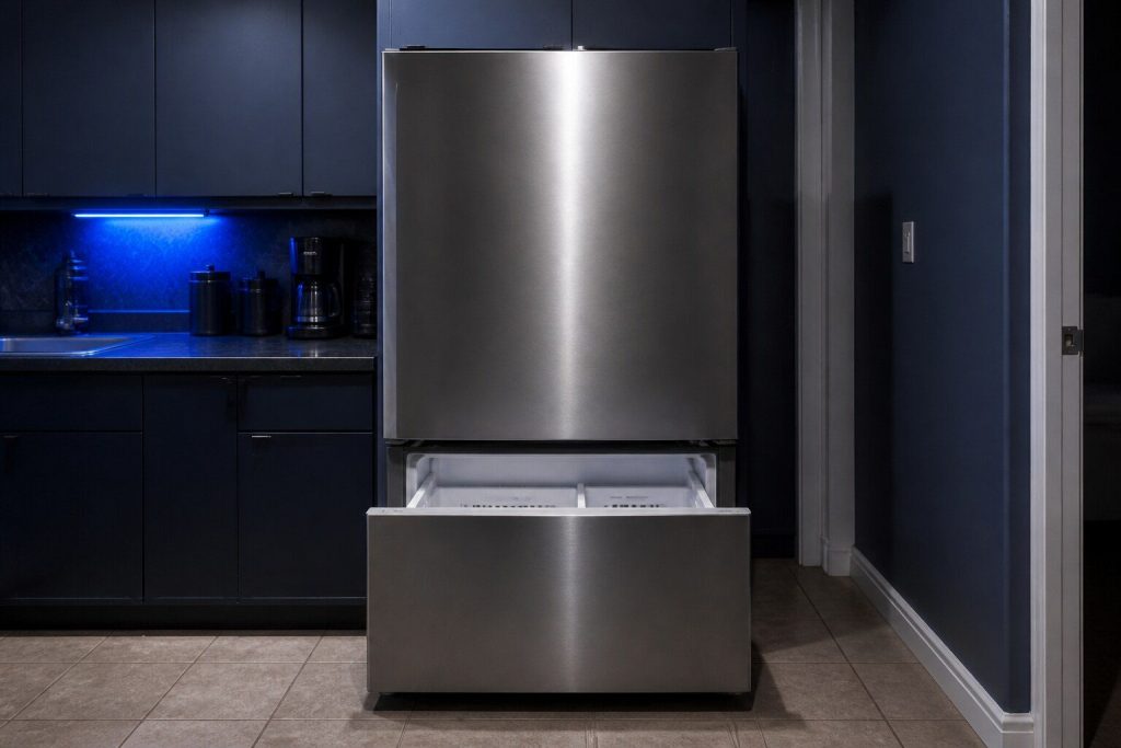 A stainless bottom-mount refrigerator with ONE full-width upper door — not a pair of French doors — closed above a freezer drawer that stands pulled open below it.