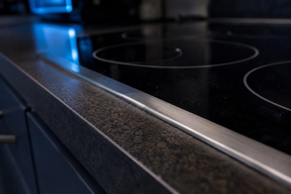 A close low three-quarter view along the front edge of a black ceramic electric cooktop where its metal trim meets the laminate counter, the element rings running away across the glass out of focus behind.