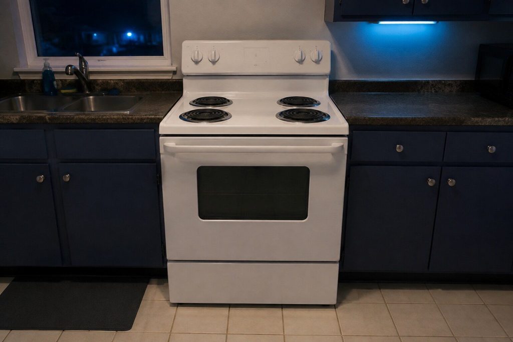 A white freestanding electric range with four COIL elements sitting in chrome drip bowls on a porcelain top — not a smooth ceramic surface — a straight back console behind them and a plain oven door below.
