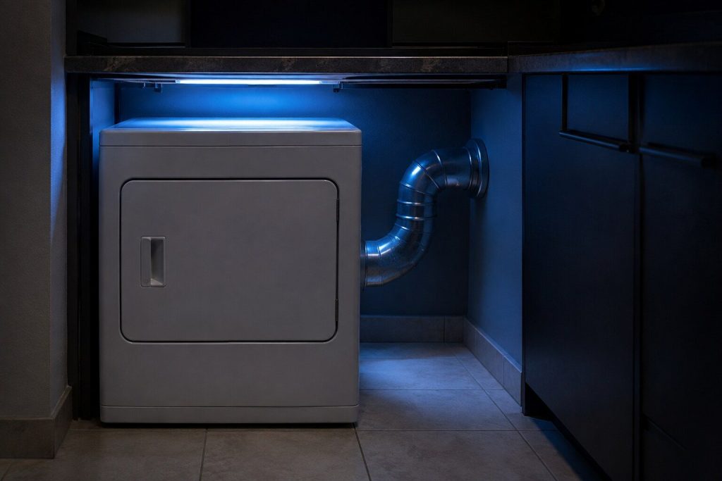 A narrow compact electric dryer roughly two thirds the width and height of a full-size machine, standing under a worktop in a small apartment utility corner with a rigid metal vent duct running from the back of it to the wall.