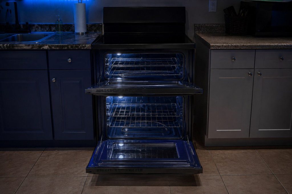 A freestanding electric range with TWO separate oven doors one above the other, both swung open at once on a small upper cavity and a larger lower cavity, the smooth cooktop closed above them.