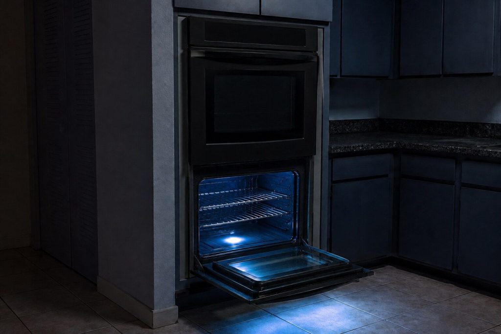 A double built-in wall oven with its upper door closed and its lower door standing open on an empty cavity with two racks, the cavity lamp throwing light down onto the tile floor of a dark kitchen.