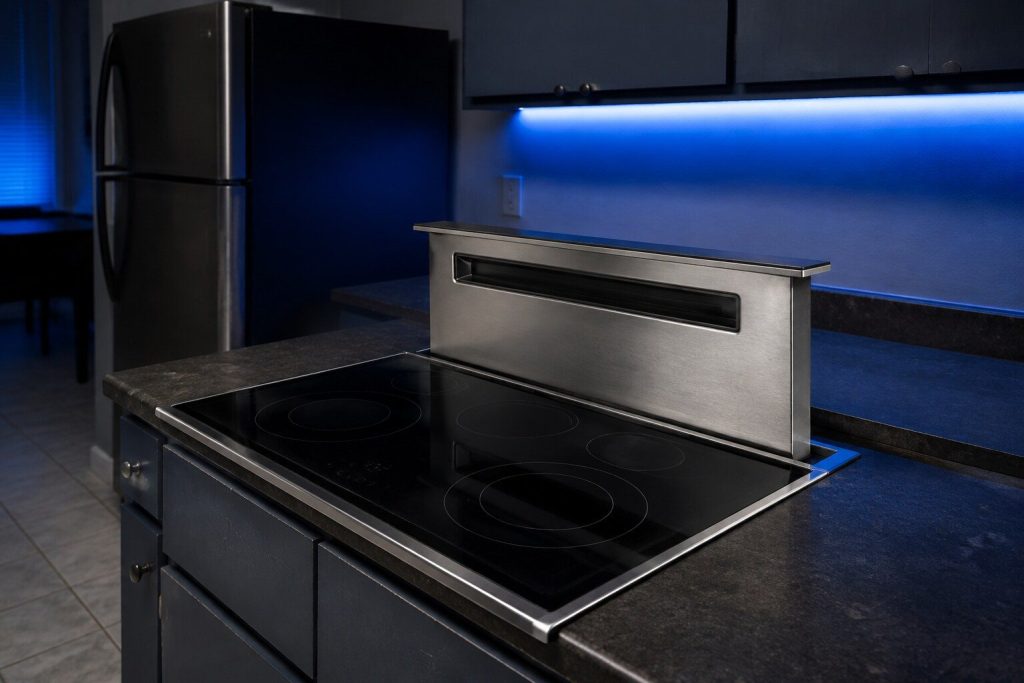 A narrow stainless downdraft vent standing risen a hand's height straight up out of the counter directly behind a cooktop, a slot of dark grille facing the cooktop, the counter closing flush behind it.