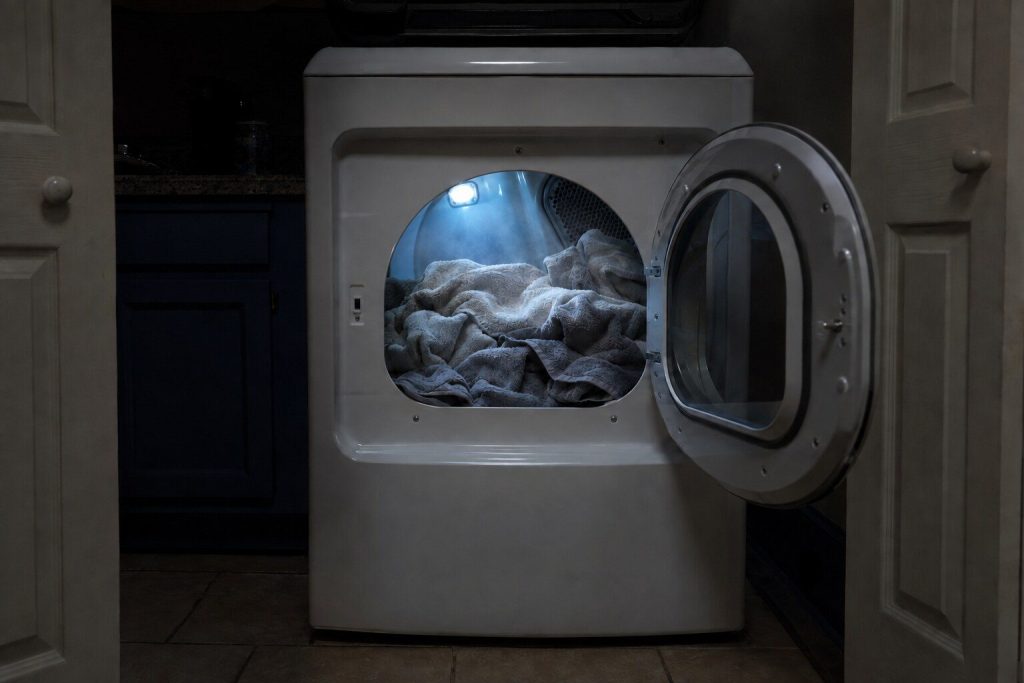 A dryer door open on a drum loosely loaded with warm towels, faint steam lifting off them into cool air, the rest of the room dark.