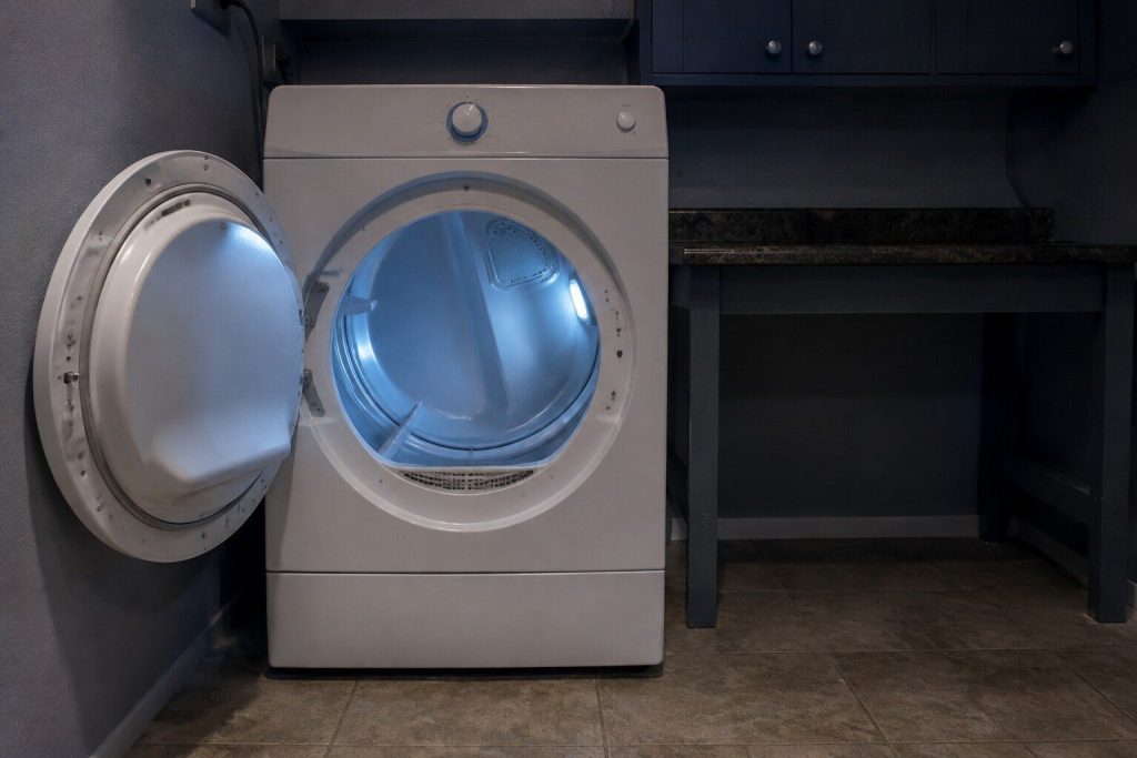 A white dryer with its door swung fully open on an empty drum lit by a small bulb set in the drum's side wall, the lint screen slot visible in the lower rim of the door opening and a folding counter standing beside the machine.