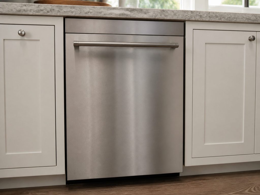 "a stainless dishwasher front with the control panel across the top of the door and a bar handle below — this line's fascia" — front controls, which is what this generation of the make had, and nothing in the frame claims a sensor cycle it cannot show