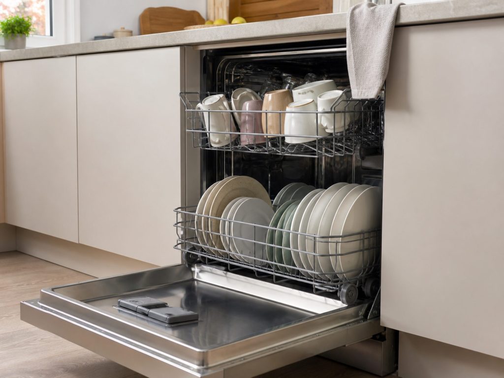 "an open dishwasher loaded on both racks, door flat — the everyday view of a front-control dishwasher"