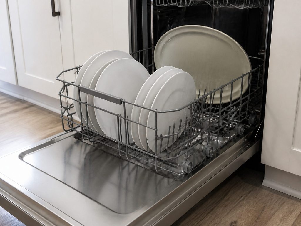 "the lower rack rolled out with dinner plates standing on edge between the tines" — a built-in dishwasher at its lower rack, with no feature in the frame this record does not have