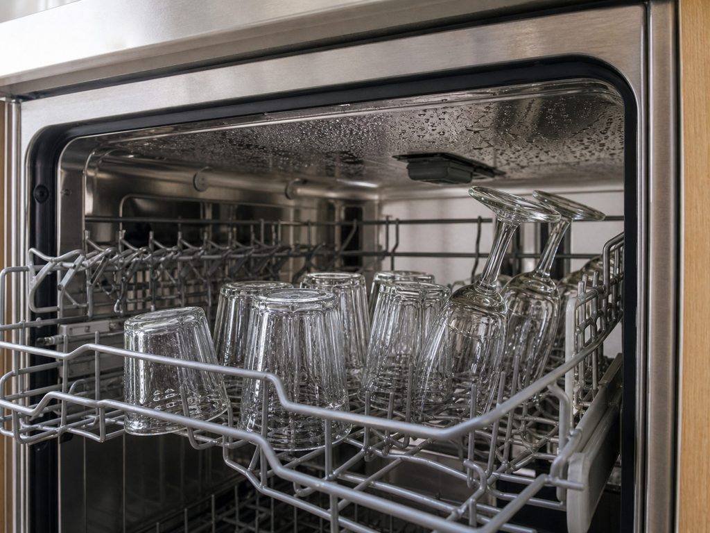 "the upper rack pulled out, tumblers standing inverted between the tines, water still beaded on the tub roof" — a tall tub machine seen at its upper rack