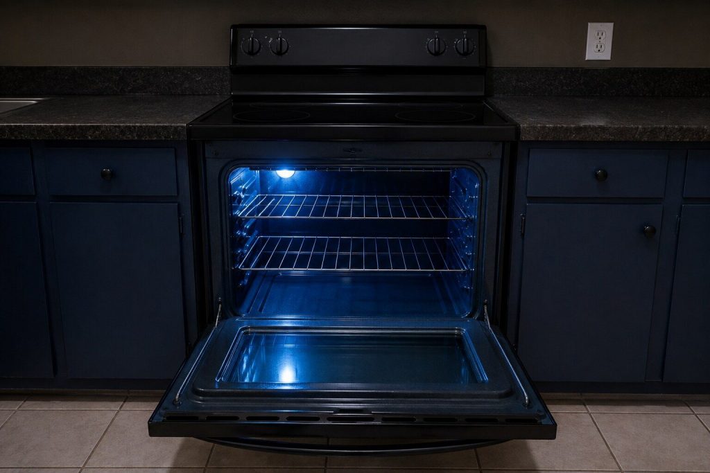 A freestanding electric range with its oven door open to horizontal on an empty cavity carrying two wire racks, the door's inner glass and the vent slot along its top edge visible, the cooktop above closed.