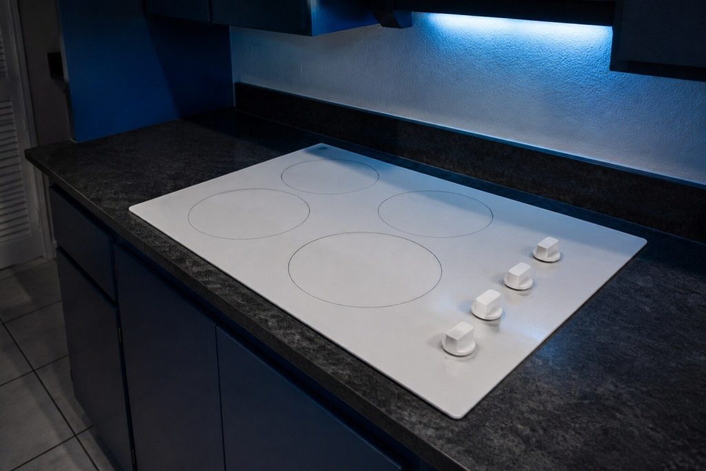 A white four-zone ceramic electric cooktop dropped into a laminate counter: four printed element rings on the glass and a row of four raised control KNOBS along its right-hand edge, not a flat touch strip.