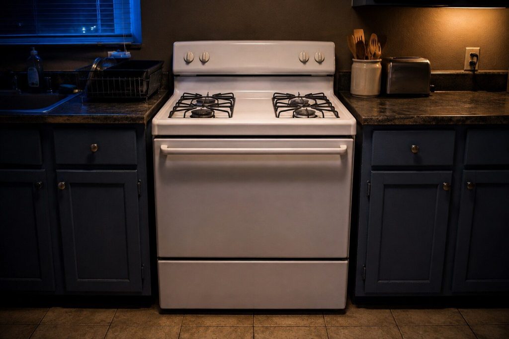 A white freestanding gas range standing between laminate base cabinets: four sealed burners under thin steel grates on a porcelain top, a straight back console with knobs behind them and a closed oven door with a full-width bar handle below.