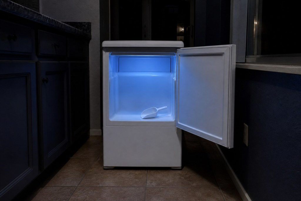 A short white freestanding automatic ice machine about waist height standing free on a tile floor at the end of a utility run, NOT built in under a counter and NOT a glass-fronted bar cabinet, its plain solid door swung open on an empty ice storage bin with a plastic scoop lying in it.