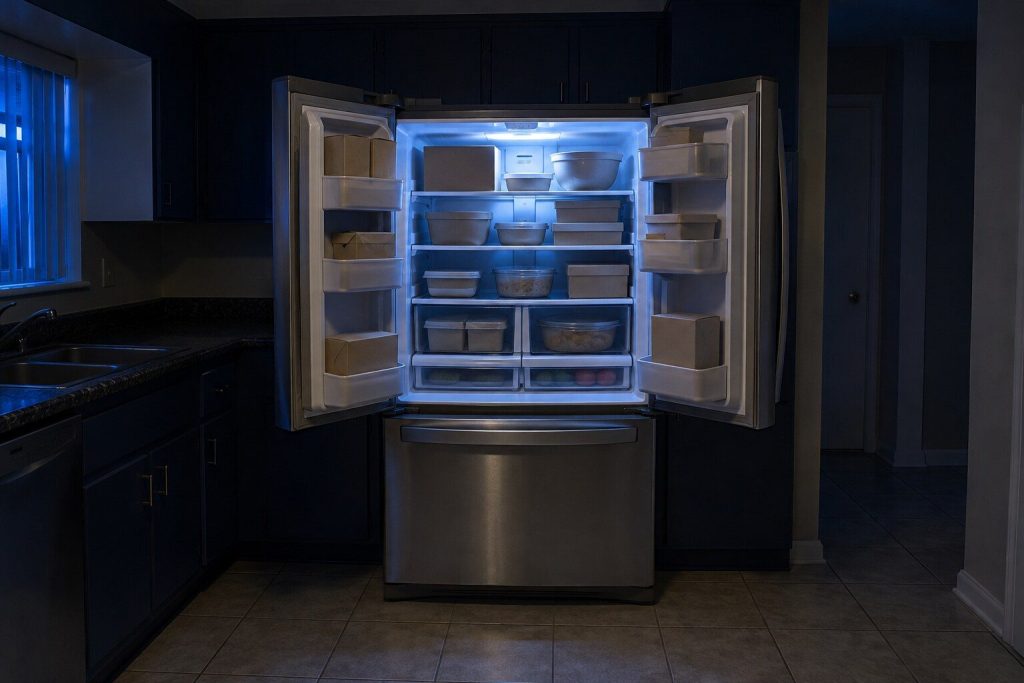 A wide freestanding French door refrigerator with both upper doors swung fully open on shelves loaded with cartons and covered dishes, the freezer drawer below closed, the interior lamps the brightest thing in an otherwise dark kitchen.