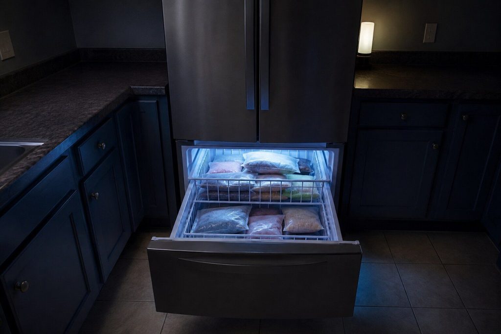 The bottom freezer drawer of a French door refrigerator pulled fully out on its runners to show two stacked wire baskets of frozen packets, the two upper doors above it closed.
